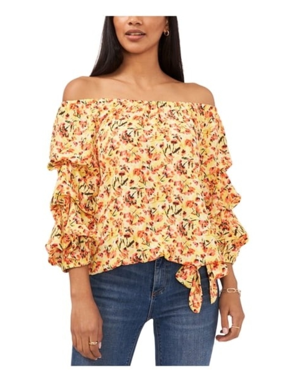 NWT Vince Camuto Yellow Floral Off-Shoulder Ruffle Tie Blouse